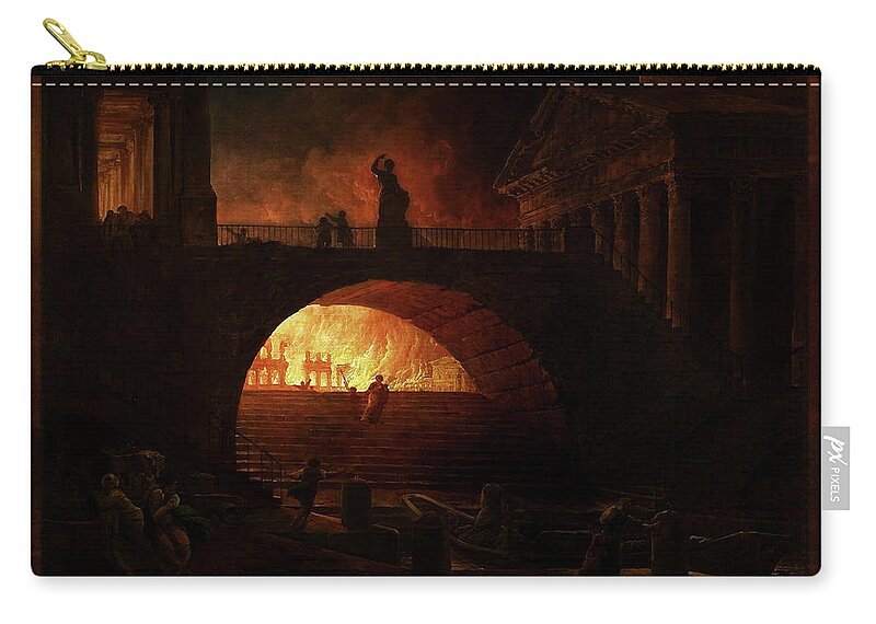 The Fire Of Rome Zip Pouch featuring the painting The Fire of Rome by Hubert Robert by Rolando Burbon