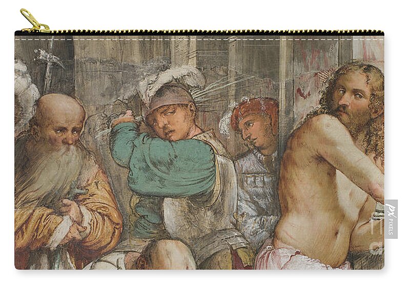 Christian Zip Pouch featuring the painting The Flagellation Of Christ, Jerome Romanino, 1519, Detail by Girolamo Romanino
