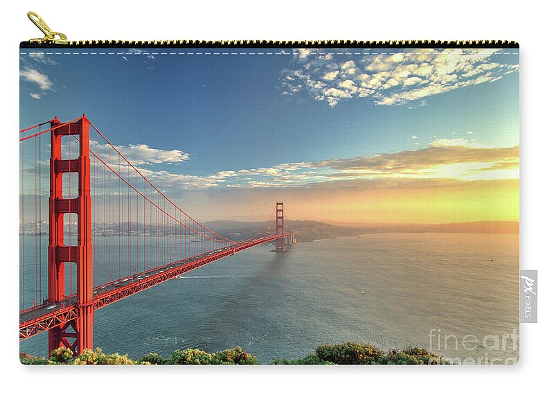 Scenics Zip Pouch featuring the photograph The Golden Gate Bridge During Sunset In by Prab S