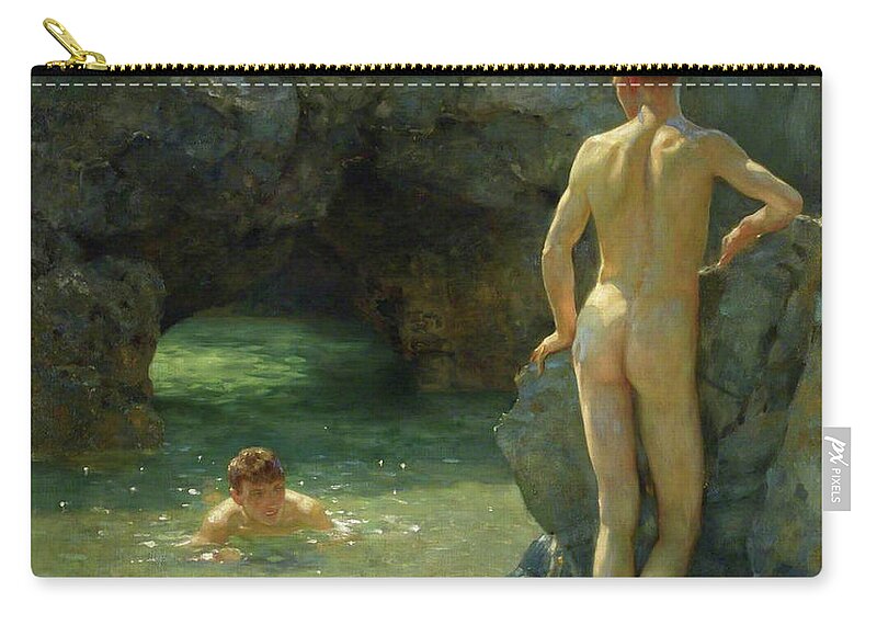 Green Zip Pouch featuring the painting The Green Waterways by Henry Scott Tuke