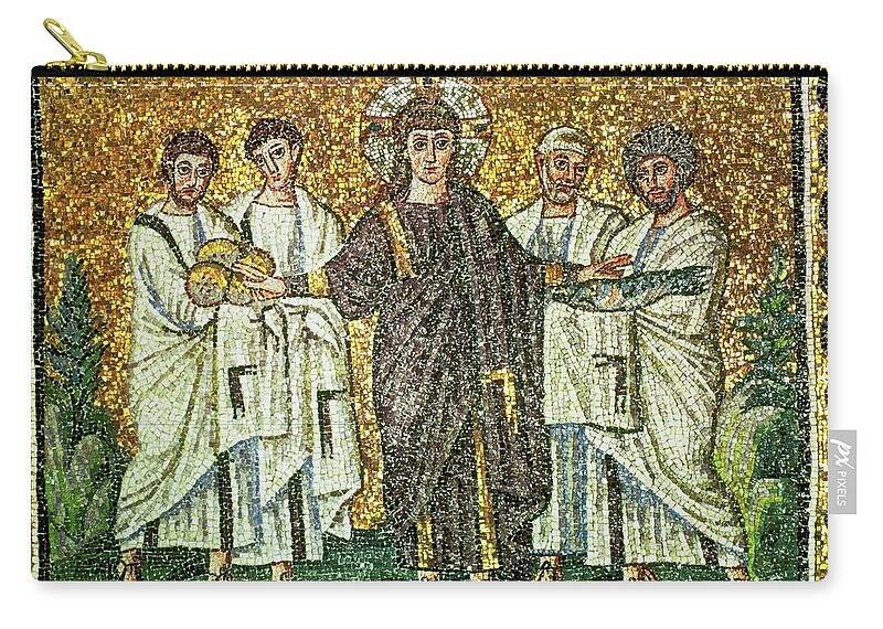 Jesus Zip Pouch featuring the painting The multiplication of the loaves and the fishes, mosaic cycle Saint Apollinare Nuovo Ravenna 6th ... by Album