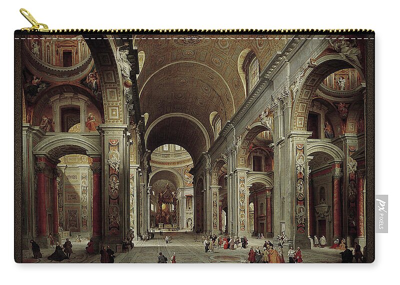 The Nave Of St. Peter's Basilica Zip Pouch featuring the painting The Nave of St Peter's Basilica in the Vatican c1735 by Giovanni Paolo Pannini by Rolando Burbon