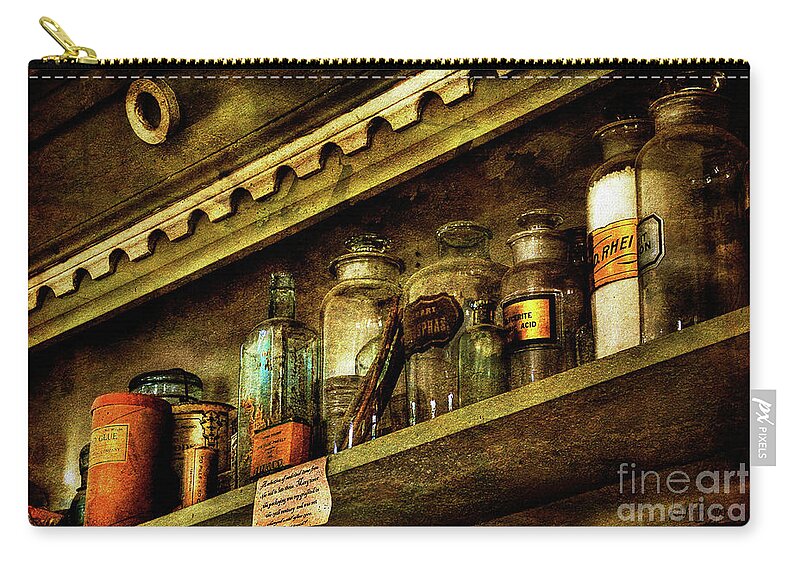 Glass Bottles Zip Pouch featuring the photograph The Olde Apothecary Shop by Lois Bryan