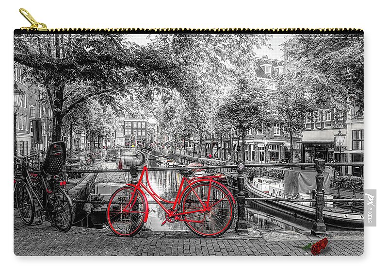 Boats Zip Pouch featuring the photograph The Red Bike in Amsterdam in Color Selected Black and White by Debra and Dave Vanderlaan