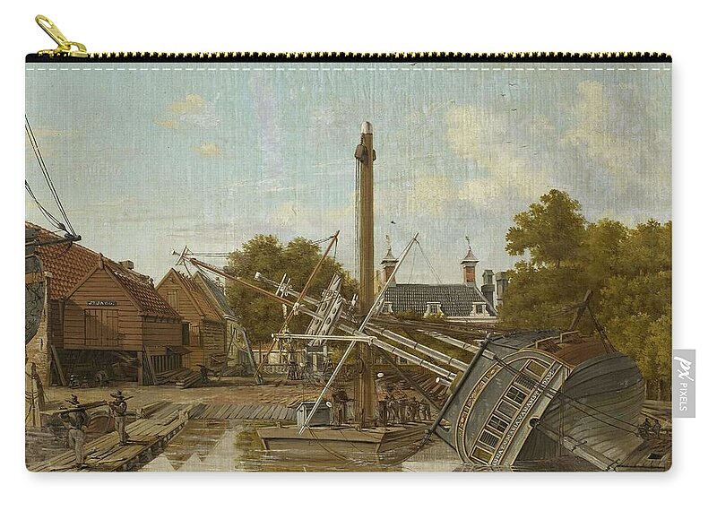 Canvas Zip Pouch featuring the painting The Shipyard 'St Jago'on Bickers Eiland, Amsterdam. by Pieter Godfried Bertichen -1796-1856-
