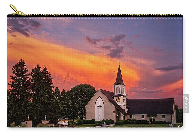Peter Herman Church Historic Wisconsin Wi Koshkonong Lutheran Storm Clouds Summer Church Architecture Cathedral Zip Pouch featuring the photograph The Storm Has Passed - West Koshkonong Lutheran Church - Wisconsin by Peter Herman