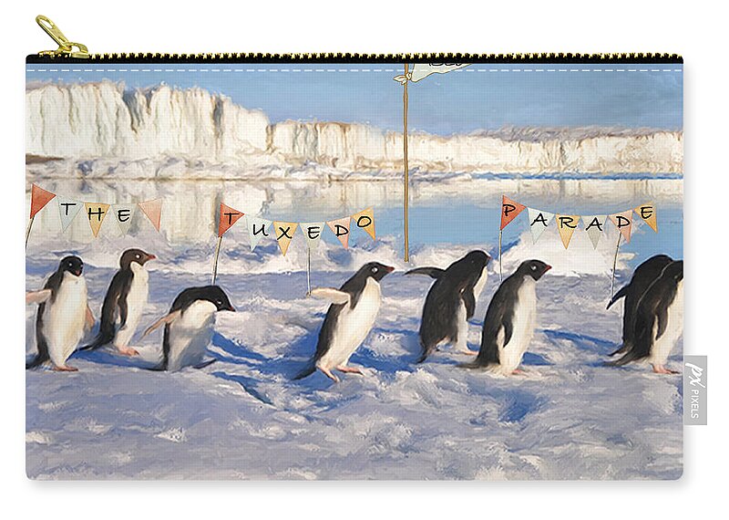 Penguins Carry-all Pouch featuring the mixed media The Tuxedo Parade by Colleen Taylor