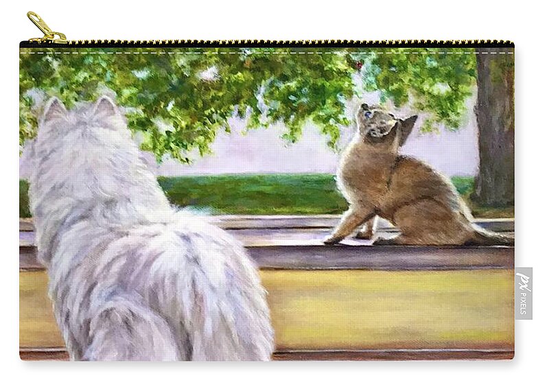 American Eskimo Dog Zip Pouch featuring the painting The Visit by Dr Pat Gehr
