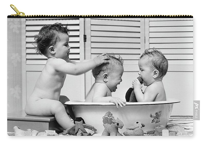 People Zip Pouch featuring the photograph Three Babies In Wash Tub, Bathing by H. Armstrong Roberts