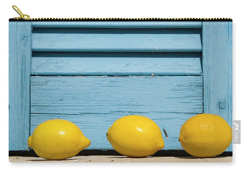 Greece Zip Pouch featuring the photograph Three Lemons In A Window by Frankvandenbergh