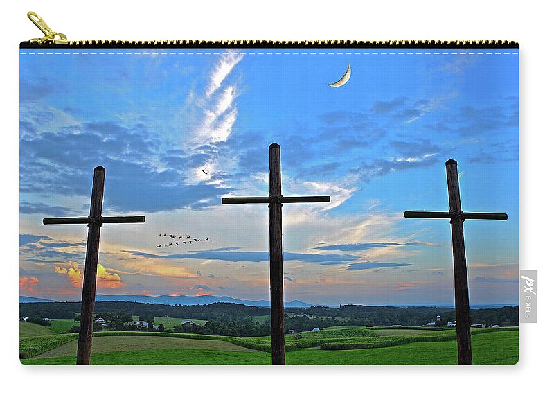 Three Rugged Crosses Zip Pouch featuring the photograph Three Rugged Crosses Against the Crescent Moon at Smith Mountain Lake by The James Roney Collection