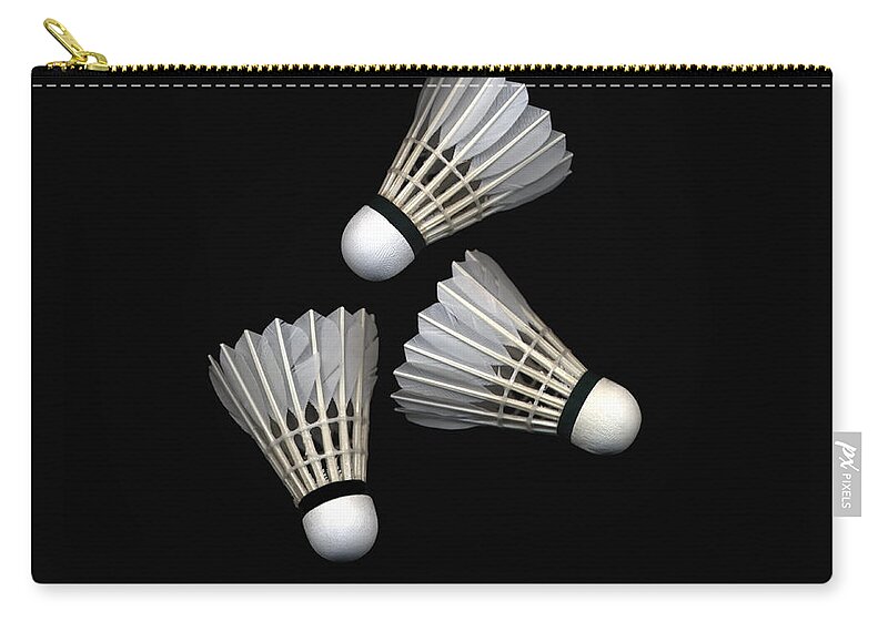 Black Background Zip Pouch featuring the photograph Three Shuttlecocks On Black Background by Siri Stafford