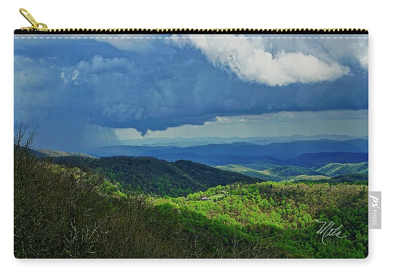 Thunder Mountain Zip Pouch featuring the photograph Thunder Mountain Overlook distant rain by Meta Gatschenberger