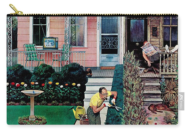 Birdbath Zip Pouch featuring the drawing Tidy And Sloppy Neighbors by John Falter