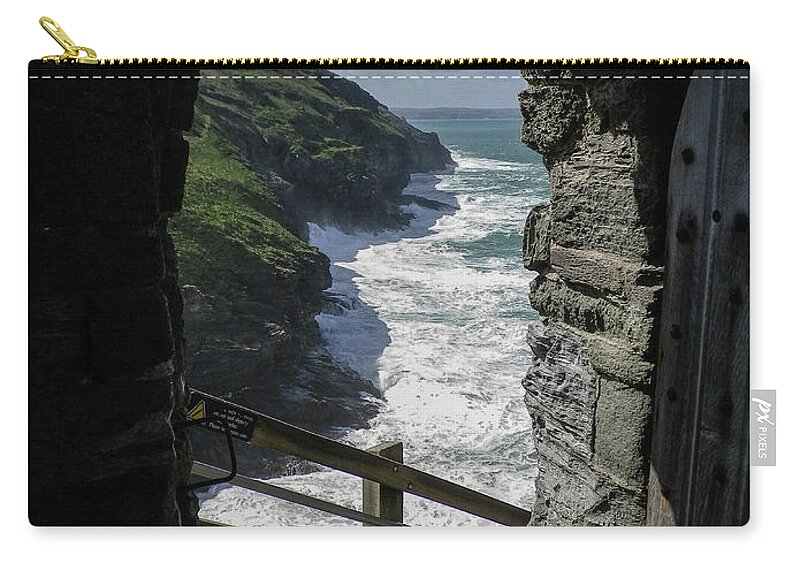 Tintagel Zip Pouch featuring the photograph Tintagel Castle Coast View Cornwall by Richard Brookes
