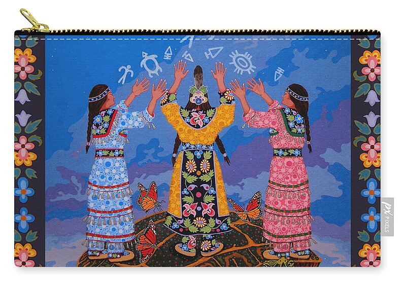 Indigenous Zip Pouch featuring the painting Together We Over Come Obstacles by Chholing Taha
