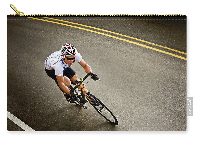 People Zip Pouch featuring the photograph Top View Of Male Cyclist Leaning Around by Tyler Stableford