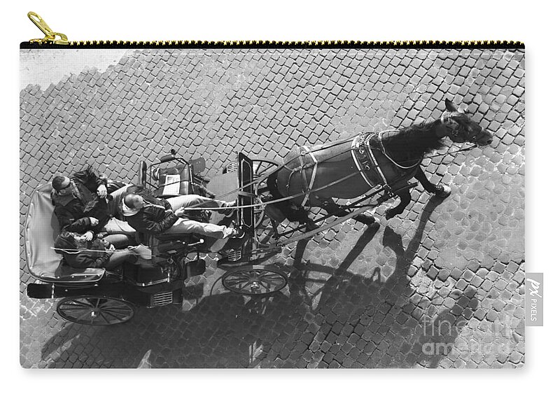 From Above Zip Pouch featuring the photograph Touristes on Horse Carriage - Rome BW Cityscape Poster by Stefano Senise
