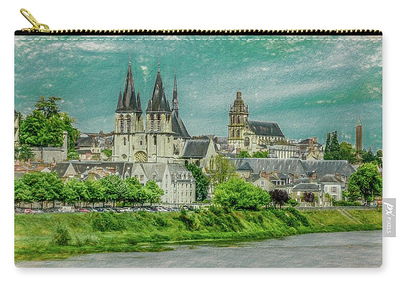 View From The Bridge Zip Pouch featuring the photograph Tours Skyline, Vintage Painterly Version by Marcy Wielfaert
