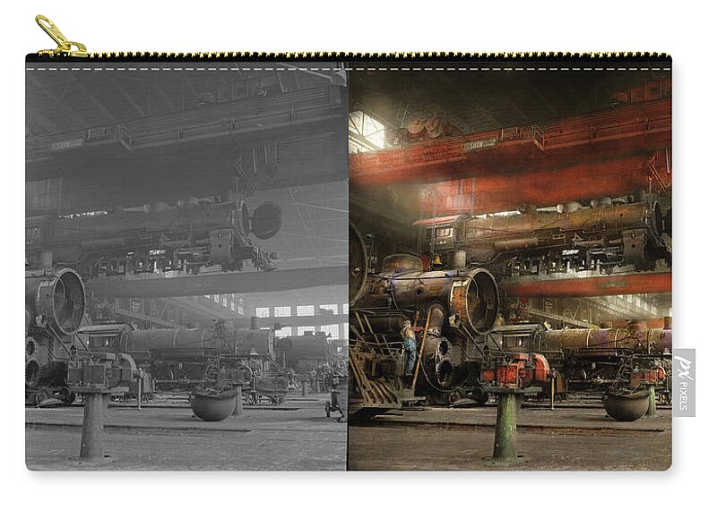 Danger Zip Pouch featuring the photograph Train - Repair - Danger from above 1943 - Side by Side by Mike Savad