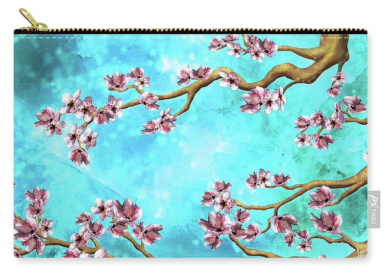 Cherry Blossoms Zip Pouch featuring the digital art Tranquility Blossoms in Blue and Pink by Laura Ostrowski