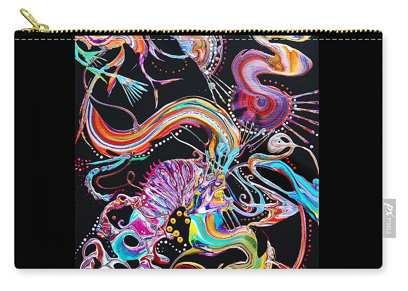 Exotic Dynamic Dramatic Compelling Vibrant Fun Colorful Charming Energetic Abstract Fantasy Zip Pouch featuring the painting Transformation Fantasy 5502 by Priscilla Batzell Expressionist Art Studio Gallery