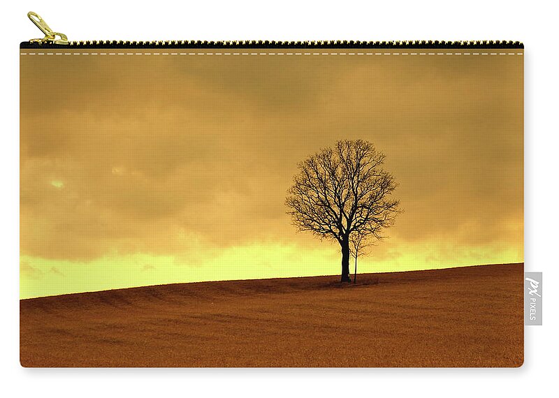 Scenics Zip Pouch featuring the photograph Tree On Hillside At Dusk Sepia by Driftless Studio