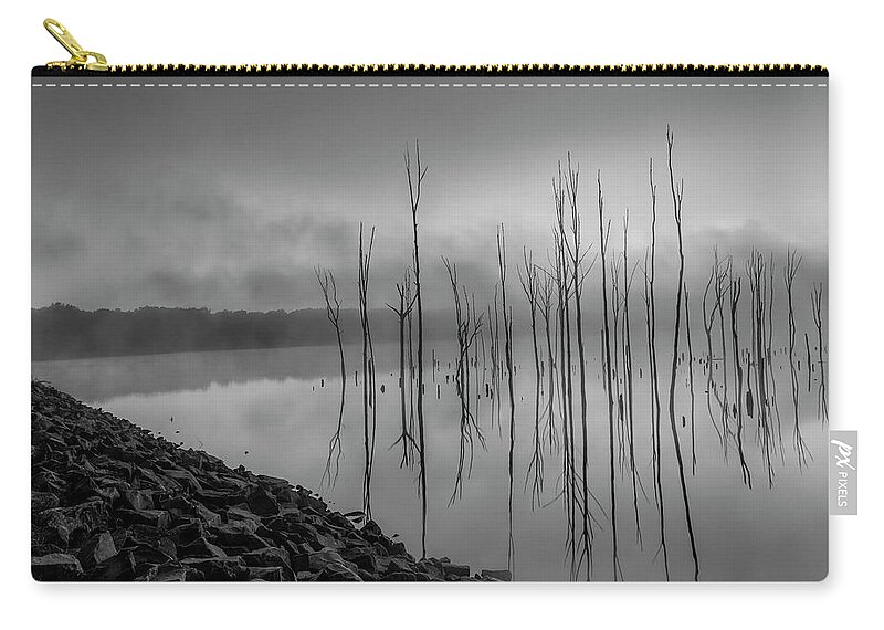 Manasquan Zip Pouch featuring the photograph Trees Emerge At Dawn BW by Susan Candelario