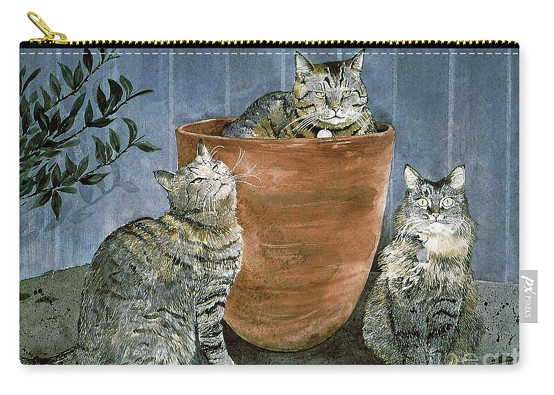 Three Neighbors Cats Gather On Our Front Porch. Zip Pouch featuring the painting Tres Gatos by Monte Toon