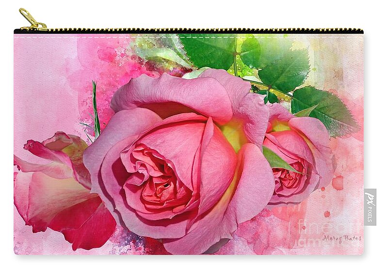 Pink Roses Zip Pouch featuring the mixed media Trio of Pink Roses by Morag Bates