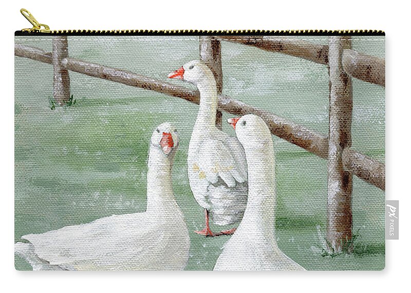 Farm Zip Pouch featuring the painting Trio of Trouble - Geese by Annie Troe