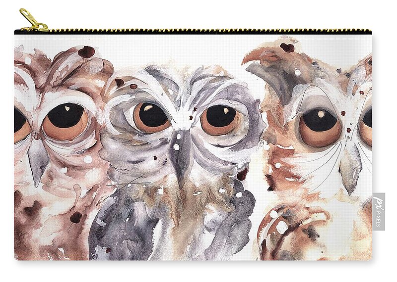 Three Owls Zip Pouch featuring the painting Trouble by Dawn Derman