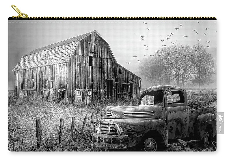 1951 Carry-all Pouch featuring the photograph Truck in the Fog in Black and White by Debra and Dave Vanderlaan