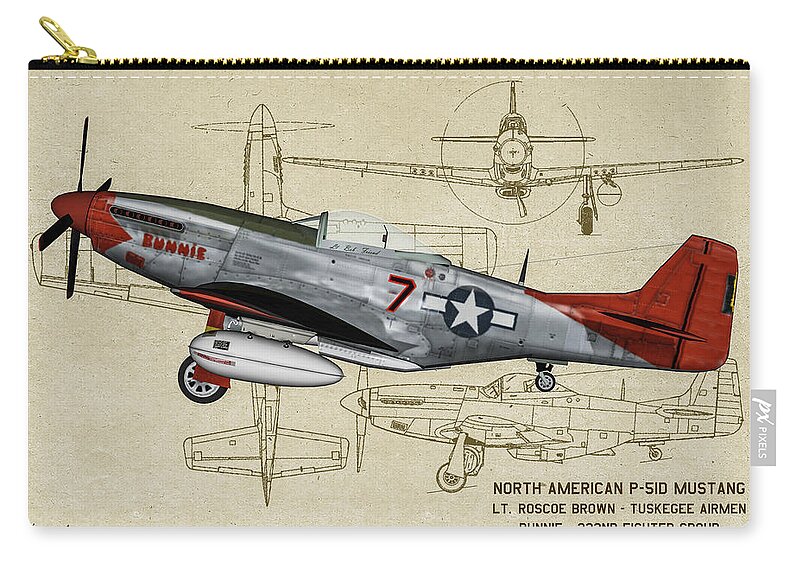 North American P-51d Mustang Zip Pouch featuring the digital art Tuskegee P-51 Mustang Bunnie - Profile Art by Tommy Anderson