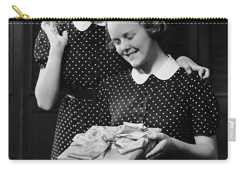 Sibling Zip Pouch featuring the photograph Twin Teenage Girls W Wrapped Gifts by George Marks