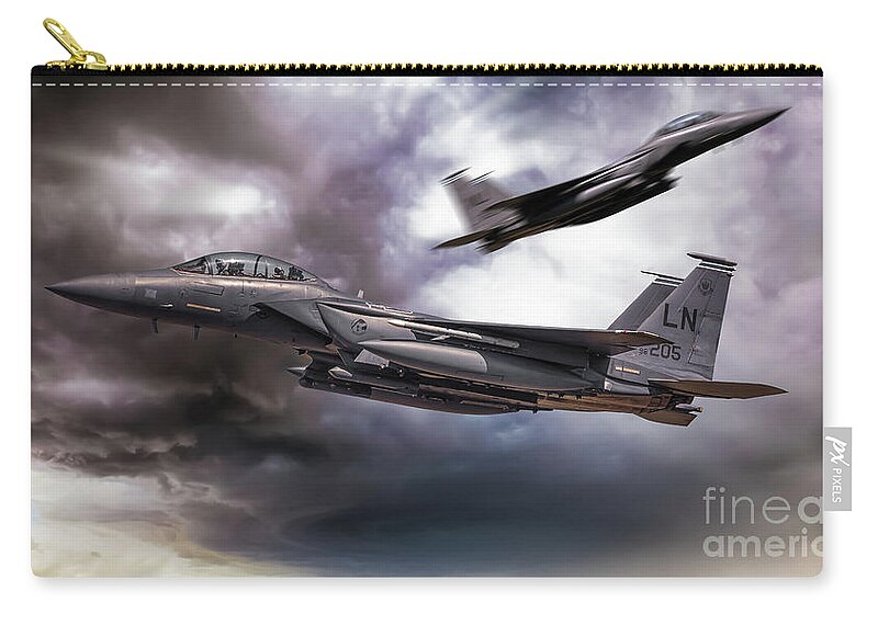 F15 Carry-all Pouch featuring the digital art Two F-15E Strike Eagle passing in storm clouds by Simon Bratt