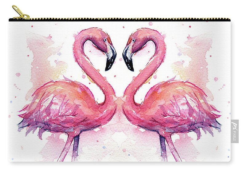 Flamingo Zip Pouch featuring the painting Two Flamingos In Love Watercolor by Olga Shvartsur