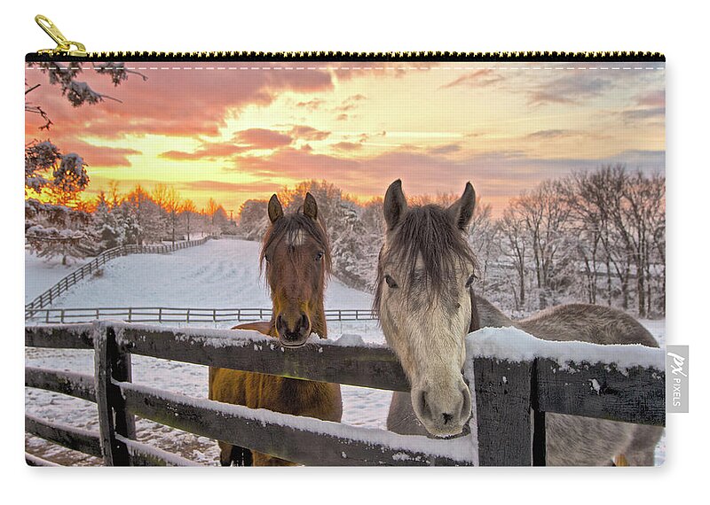 Horse Zip Pouch featuring the photograph Two Horses In Snowy Pasture At Sunrise by William Toti