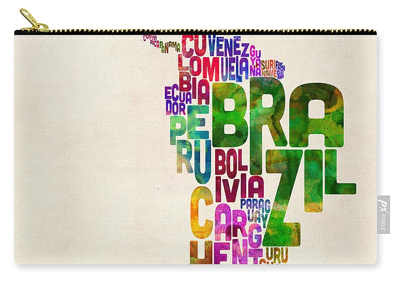 South America Map Zip Pouch featuring the digital art Typography Map of Latin America, Mexico, Central and South America by Michael Tompsett
