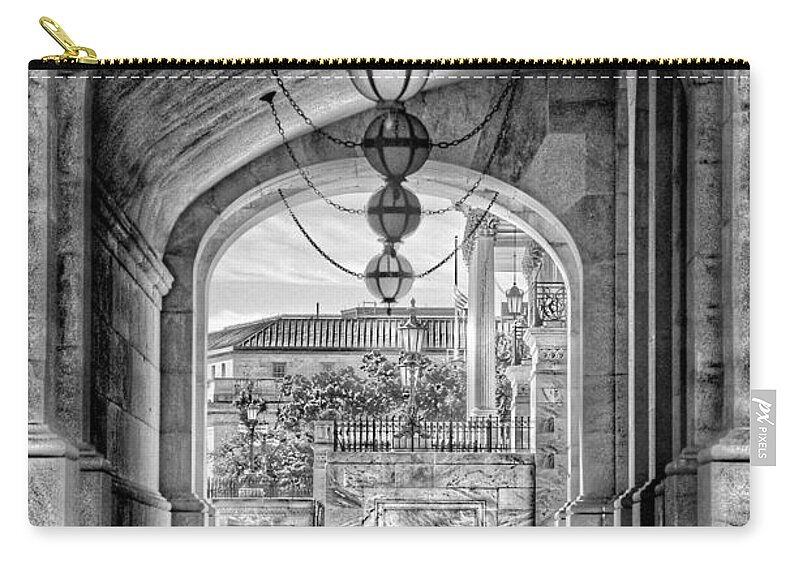 United States Capitol Zip Pouch featuring the photograph United States Capitol - Archway Black and White by Marianna Mills