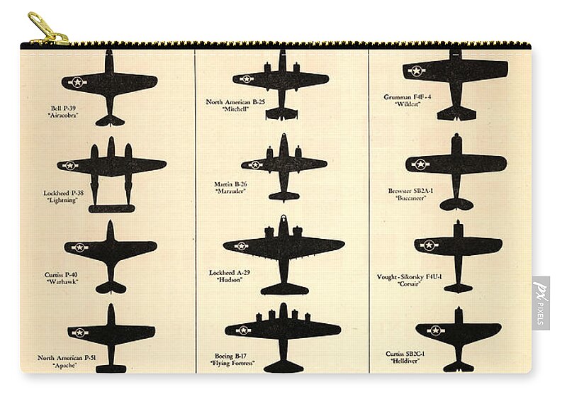 Warplanes Zip Pouch featuring the mixed media United States Warplanes - Aircraft Spotting Guide - Aircraft Silhouette - World War 2 by Studio Grafiikka
