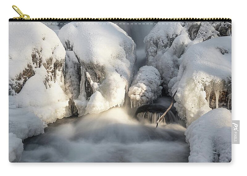 Winter Snow Ice Freezing Cold Outside Outdoors Nature River Stream Brook Ma Mass Massachusetts Brian Hale Brianhalephoto New England Newengland Usa U.s.a. Water Waterfall Falls Sky Woods Secluded Secret Long Exposure Zip Pouch featuring the photograph Upper falls - arctic by Brian Hale