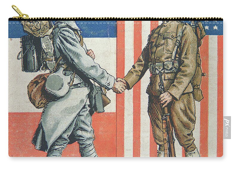 First World War (1914-1918) Zip Pouch featuring the drawing Us Soldier Shaking Hands With A French Soldier, America's Entry Into World War One, 1919 by American School