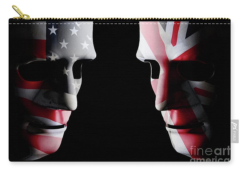Mask Zip Pouch featuring the digital art USA and GB head to head flag faces by Simon Bratt