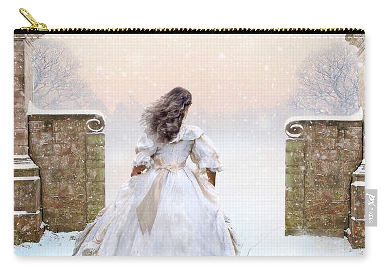 Victorian Zip Pouch featuring the photograph Victorian Woman Running Away In Snow by Lee Avison