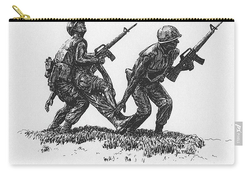 Vietnam Zip Pouch featuring the drawing Vietnam Memorial statue by Tommy Midyette
