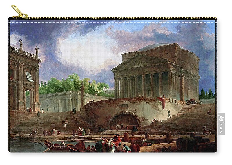 View Of Ripetta Zip Pouch featuring the painting View of Ripetta by Hubert Robert by Rolando Burbon