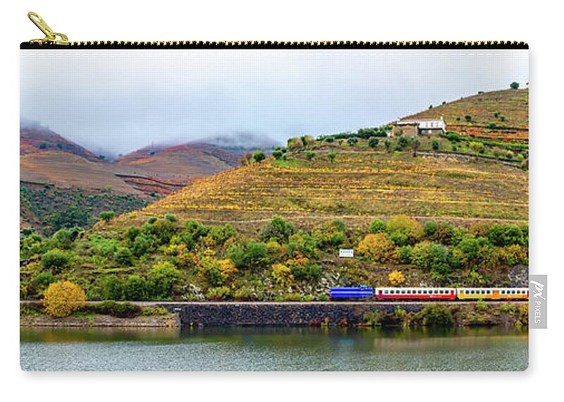 Photography Zip Pouch featuring the photograph View Of Vineyards And Train Close by Panoramic Images
