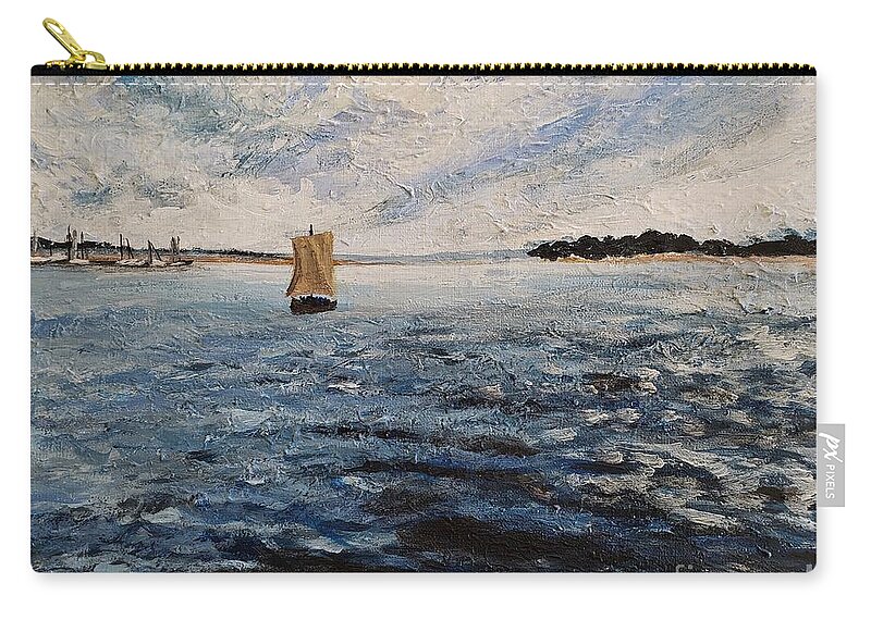 Blue Zip Pouch featuring the painting Vikingship on the Roskilde fjord, Denmark by C E Dill