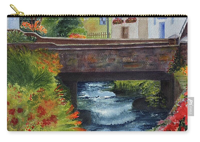 Village Carry-all Pouch featuring the painting The Village Bridge by Karen Fleschler